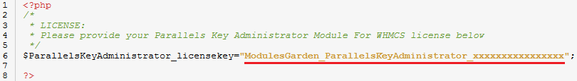 Plesk Key Administrator For WHMCS: license.php file open in an editor with the license key entered between quotation