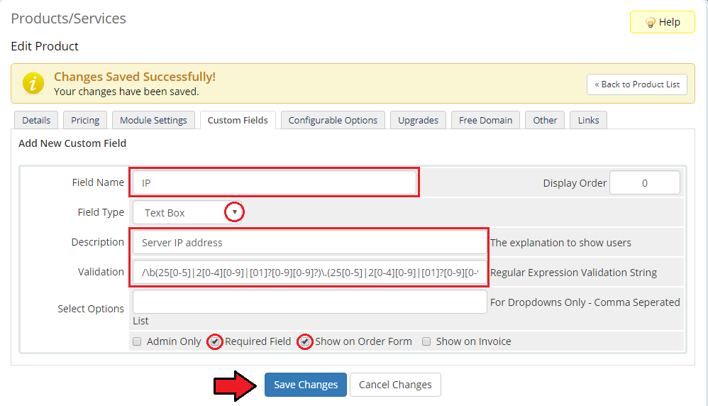Plesk Key Administrator For WHMCS: product Custom Fields tab with the IP field, Text Box type and validation expression
