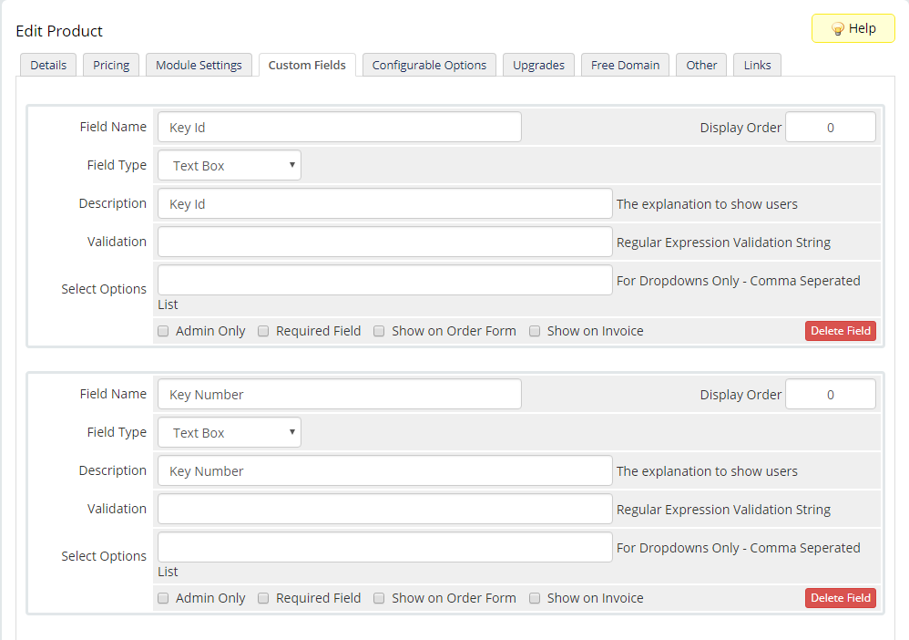 Plesk Key Administrator For WHMCS: product Custom Fields tab with the generated Key Id and Key Number text fields