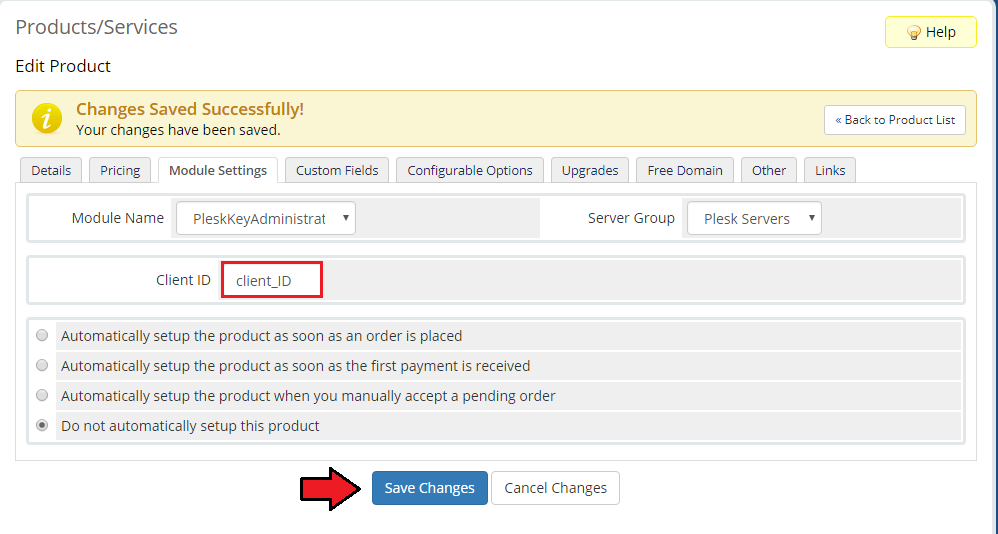 Plesk Key Administrator For WHMCS: product Module Settings tab with the Client ID field highlighted after saving the