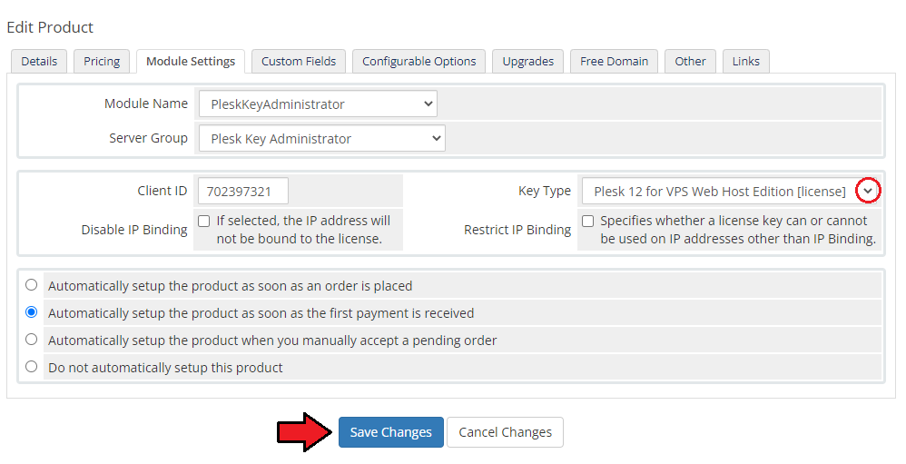 Plesk Key Administrator For WHMCS: product Module Settings tab with Client ID, Key Type dropdown and IP Binding
