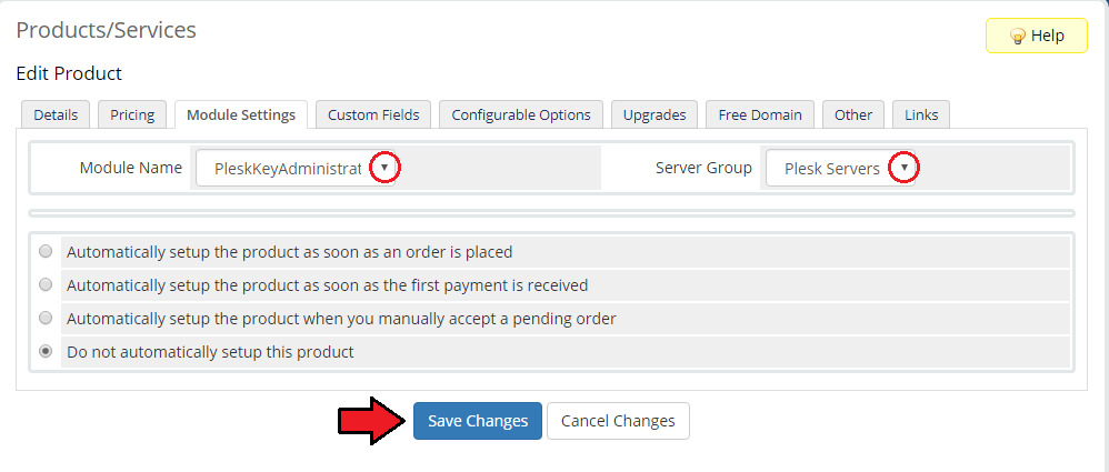 Plesk Key Administrator For WHMCS: product Module Settings tab with PleskKeyAdministrator module and Plesk Servers group
