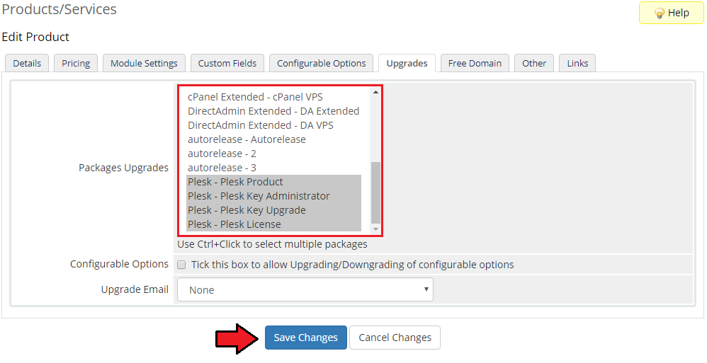 Plesk Key Administrator For WHMCS: product Upgrades tab with Plesk packages selected in the Packages Upgrades list