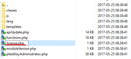 Plesk Key Administrator For WHMCS: file manager listing with the licenseRENAME.php file being renamed to license.php