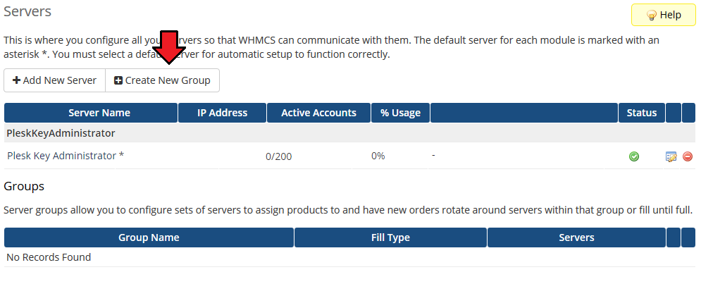 Plesk Key Administrator For WHMCS: WHMCS Servers list with the new Plesk Key Administrator server and Create New Group