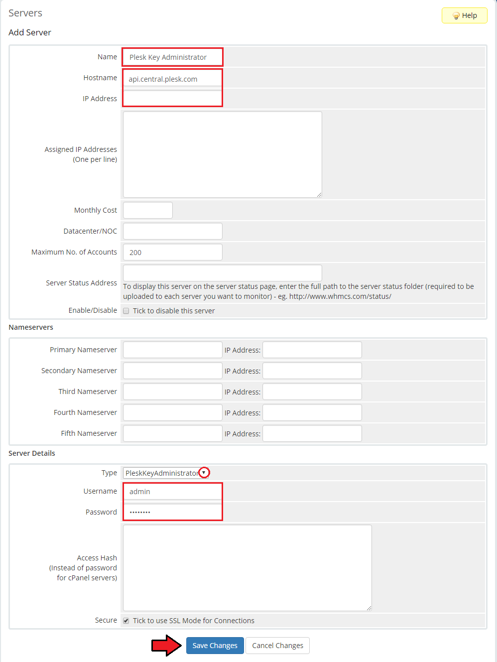 Plesk Key Administrator For WHMCS: WHMCS Add Server form with name, hostname, PleskKeyAdministrator type and credentials