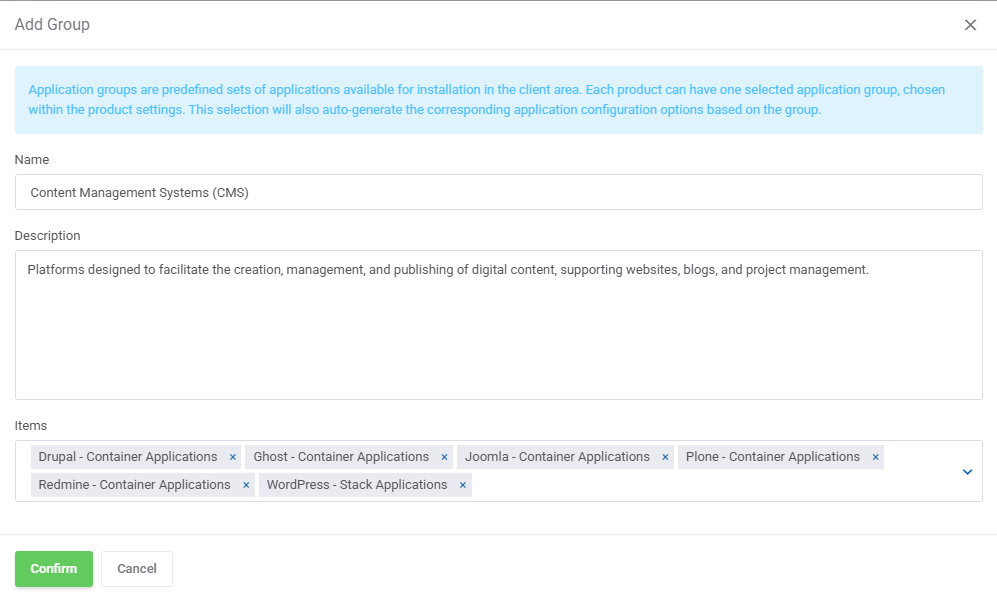 Portainer Docker Containers For WHMCS: Add Group dialog with name, description and items fields for an application group