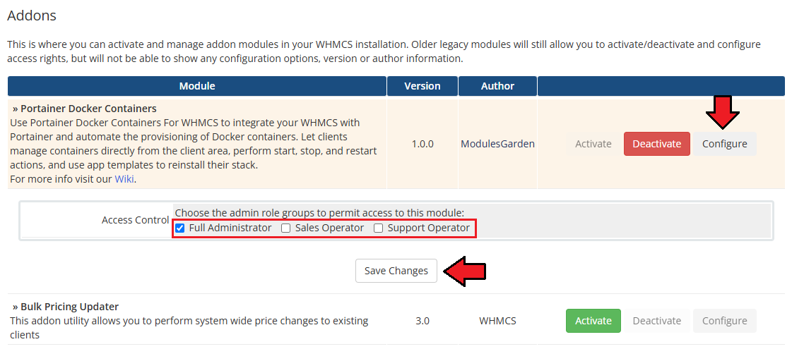Portainer Docker Containers For WHMCS: Addon Modules access control with Full Administrator ticked and Save Changes