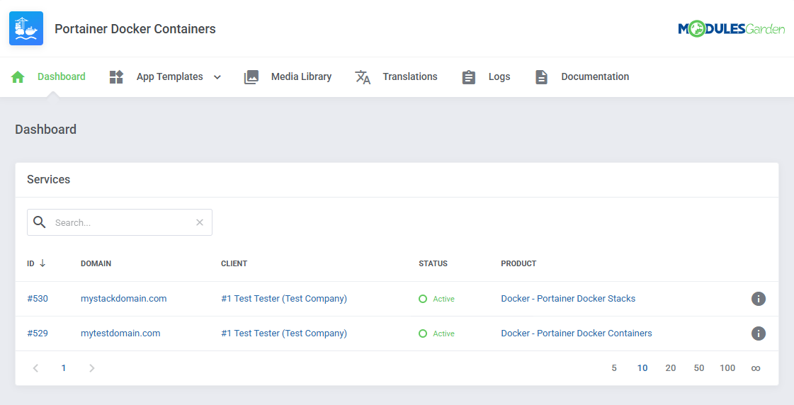 Portainer Docker Containers For WHMCS: Dashboard of the addon module with the list of services and their details icons