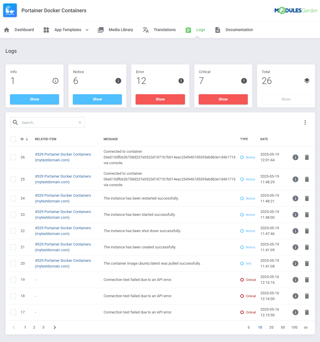 Portainer Docker Containers For WHMCS: Logs page in the addon module with message counters and a table of log entries