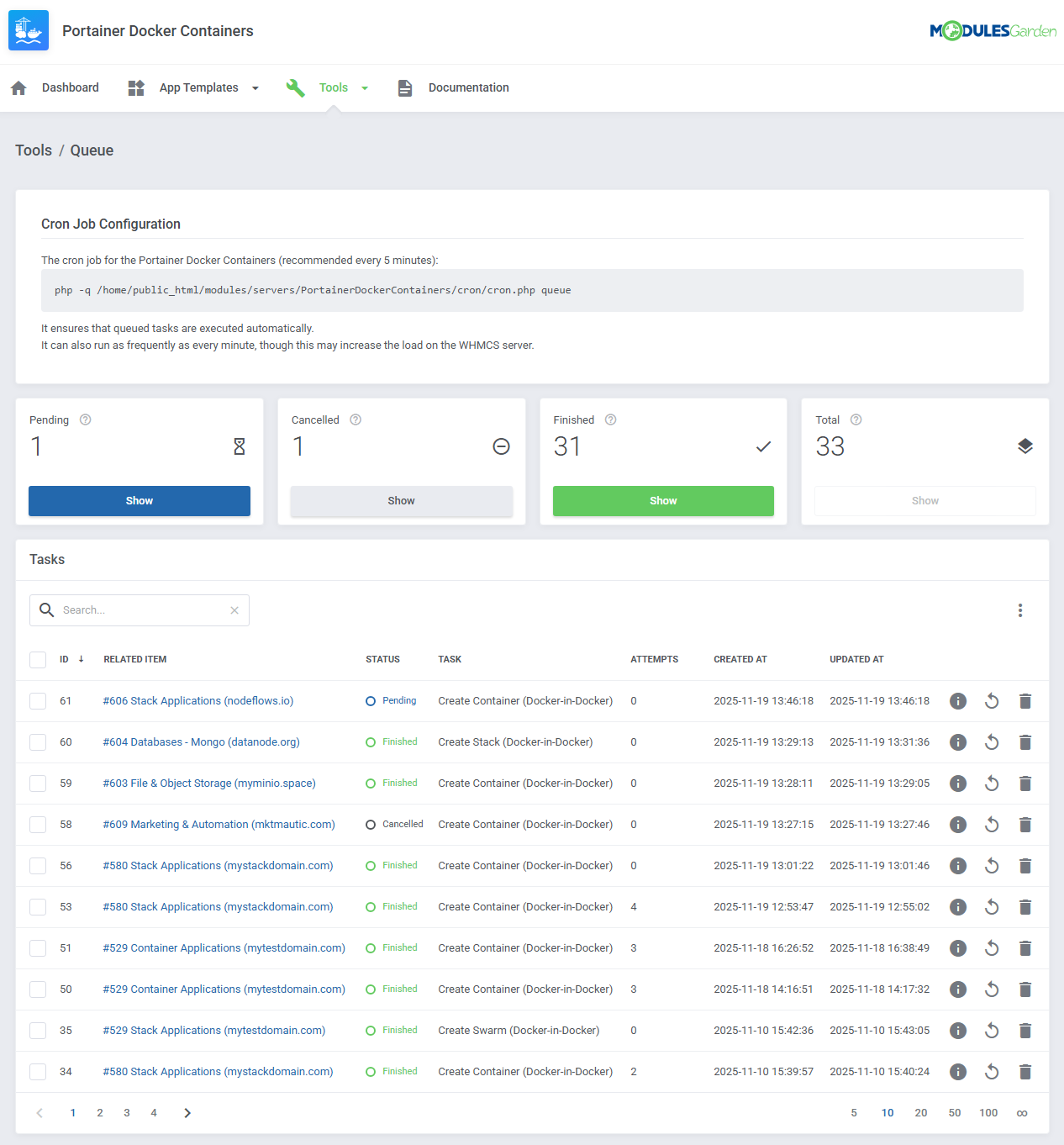Portainer Docker Containers For WHMCS: Queue page in the addon module with cron job command, task counters and tasks