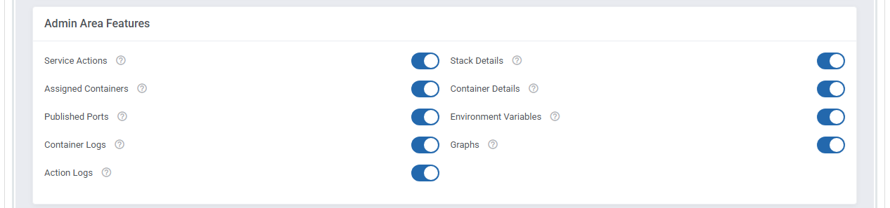 Portainer Docker Containers For WHMCS: product Module Settings with the Admin Area Features toggles