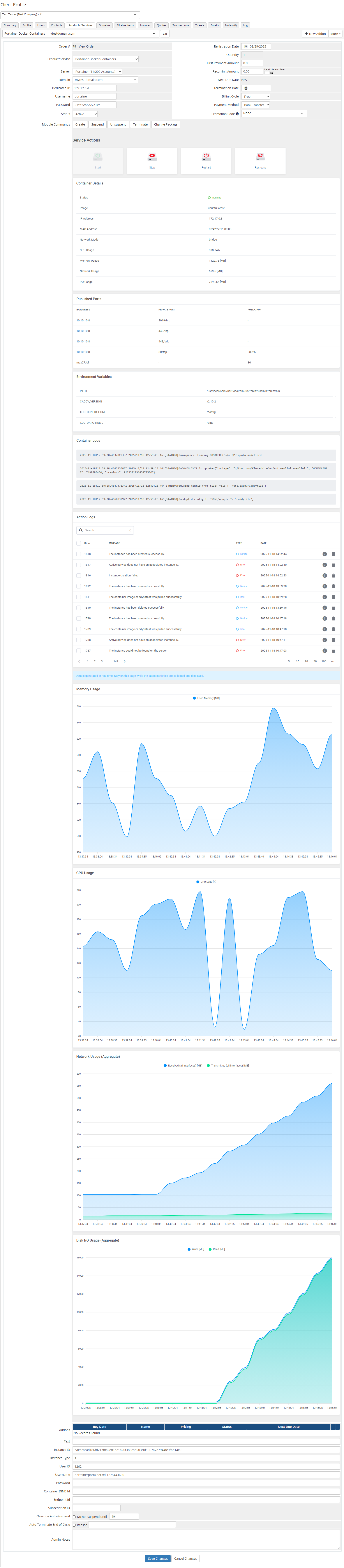 Portainer Docker Containers For WHMCS: WHMCS admin client profile of a container product with details, logs and usage