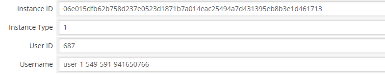 Portainer Docker Containers For WHMCS: WHMCS admin service fields with container Instance ID, Type, User ID and Username