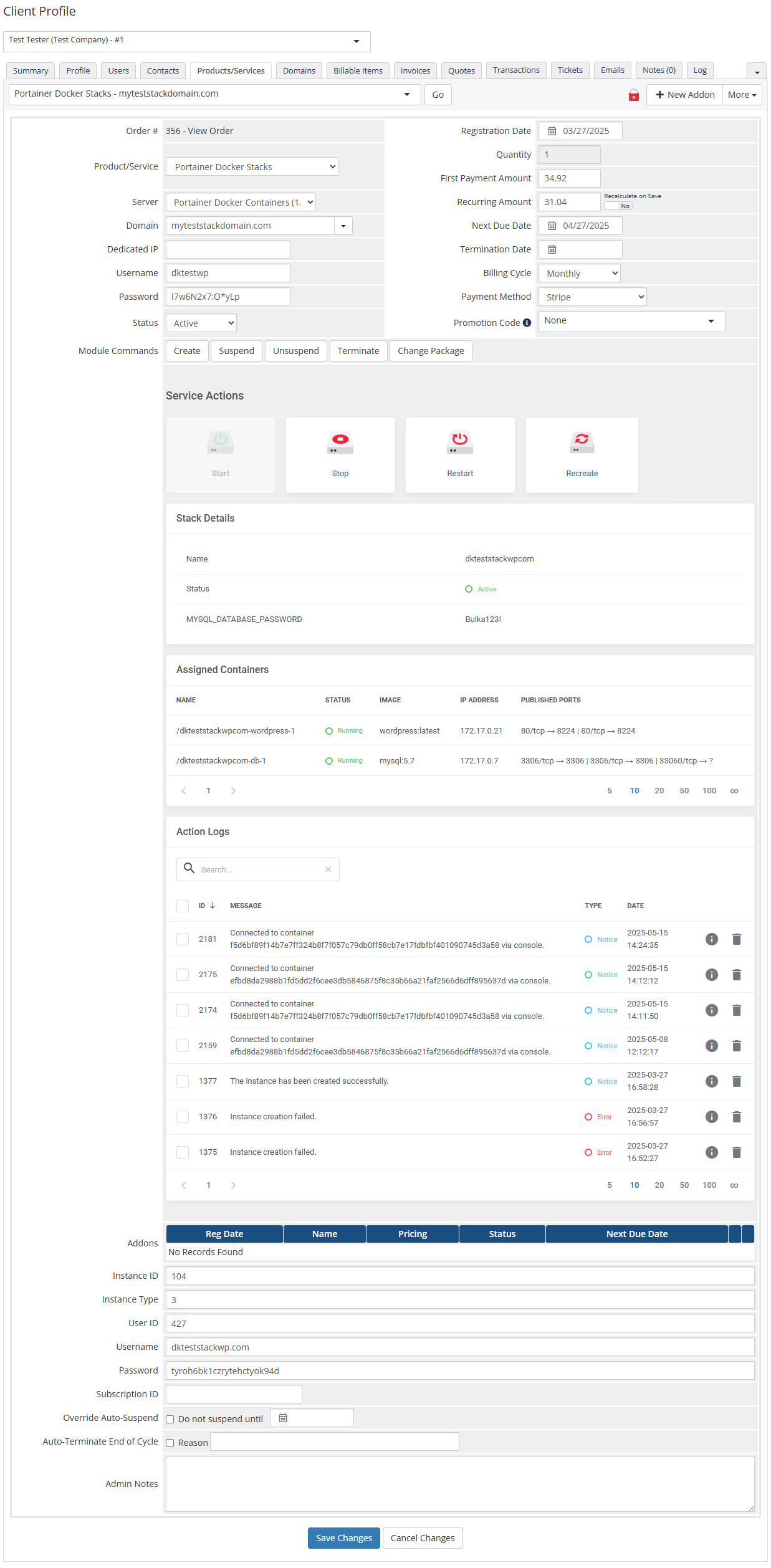 Portainer Docker Containers For WHMCS: WHMCS admin profile of a stack product with actions, stack details and containers