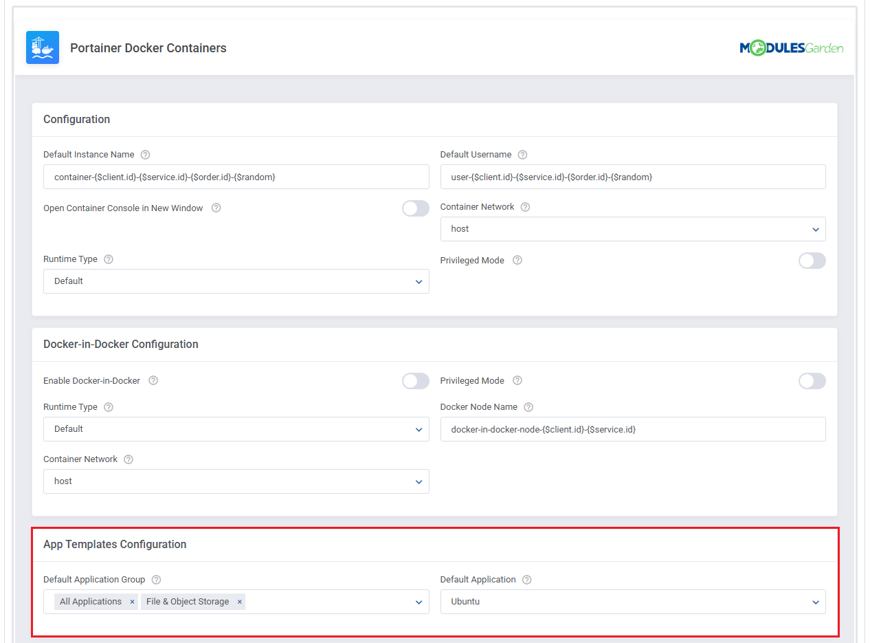 Portainer Docker Containers For WHMCS: product Module Settings with default application group and application