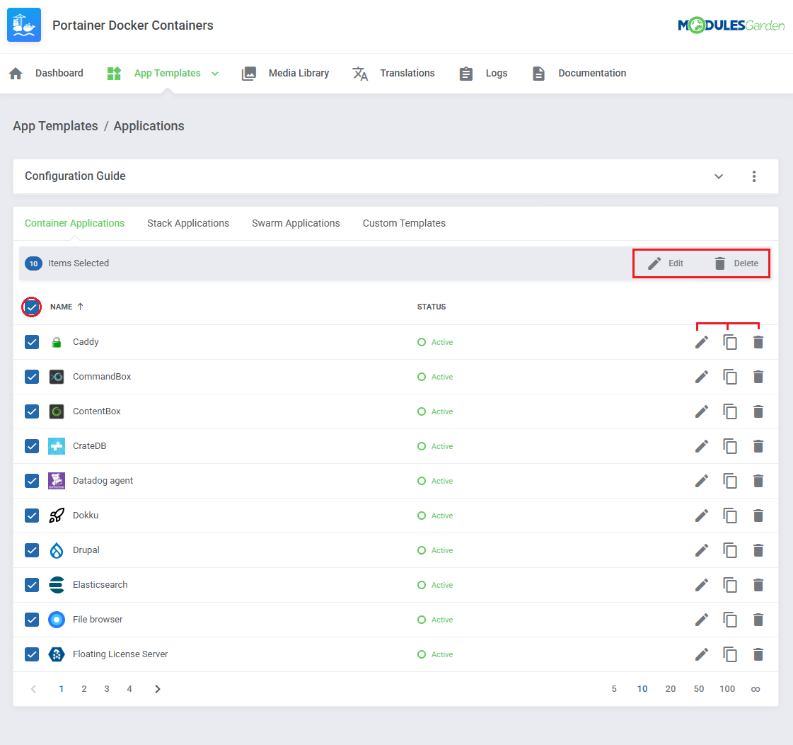 Portainer Docker Containers For WHMCS: Applications list with all templates selected and edit, duplicate and delete