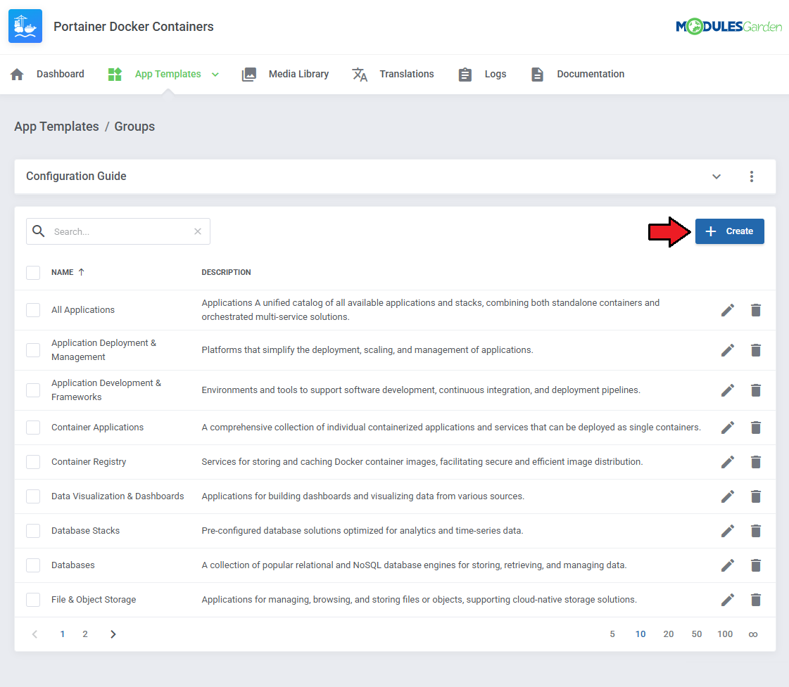 Portainer Docker Containers For WHMCS: module App Templates Groups page with the Create button and group list