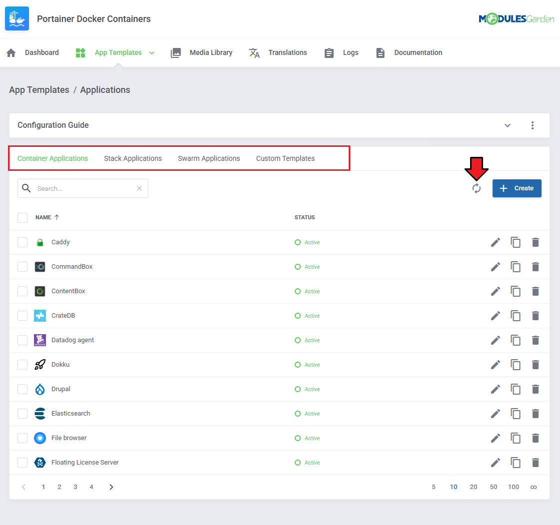 Portainer Docker Containers For WHMCS: module Applications page with template tabs and the refresh icon to import