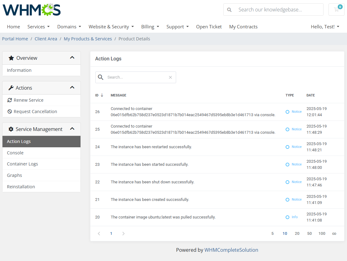 Portainer Docker Containers For WHMCS: WHMCS client area Action Logs page with a table of container operations