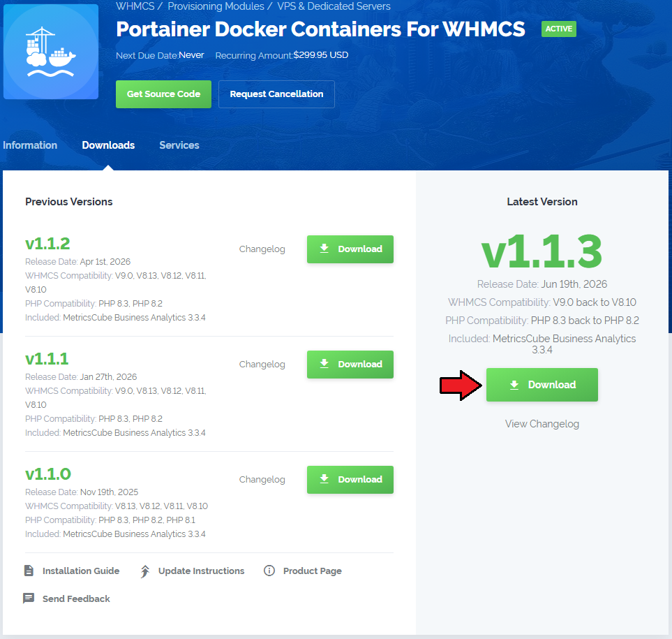 Portainer Docker Containers For WHMCS: client area product Downloads tab with the Download button for the latest version