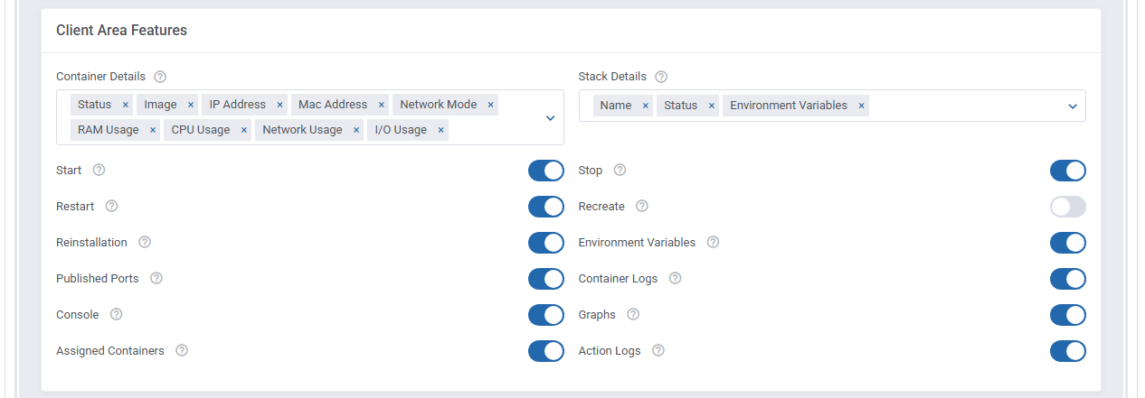 Portainer Docker Containers For WHMCS: product Module Settings with Client Area Features options and container details