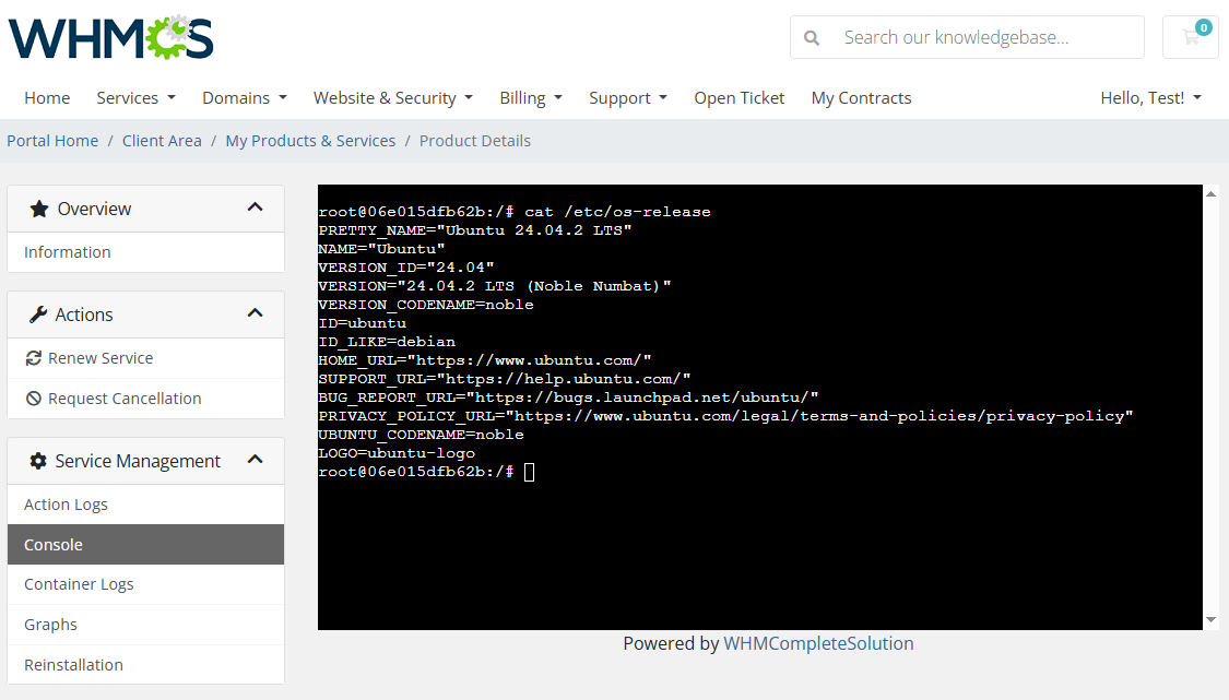 Portainer Docker Containers For WHMCS: WHMCS client area Console page with an Ubuntu terminal showing the os-release