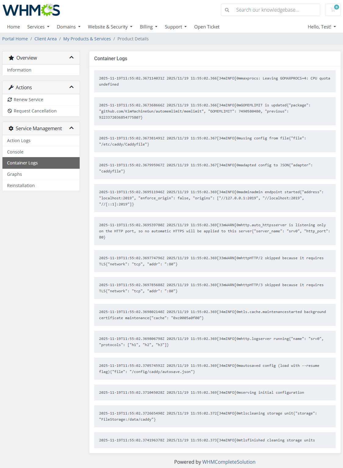 Portainer Docker Containers For WHMCS: WHMCS client area Container Logs page with a list of log lines from the container