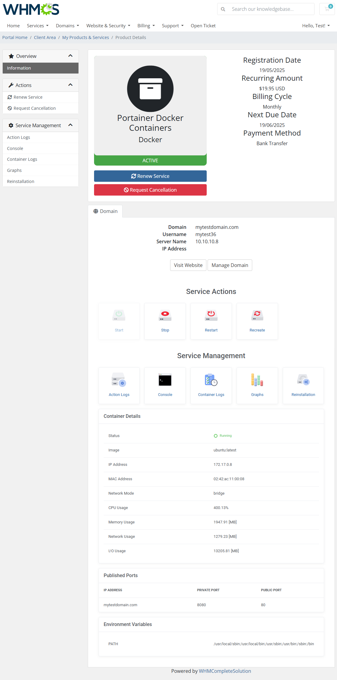 Portainer Docker Containers For WHMCS: WHMCS client area container page with service actions, management buttons and