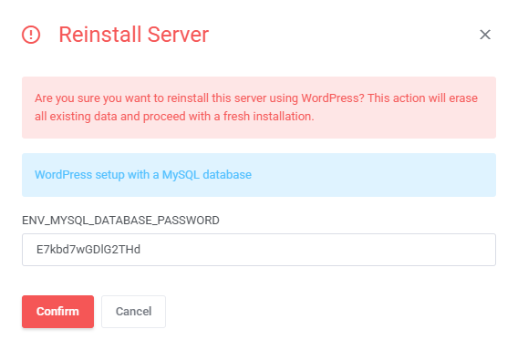 Portainer Docker Containers For WHMCS: WHMCS client area Reinstall Server dialog with a data erase warning and password