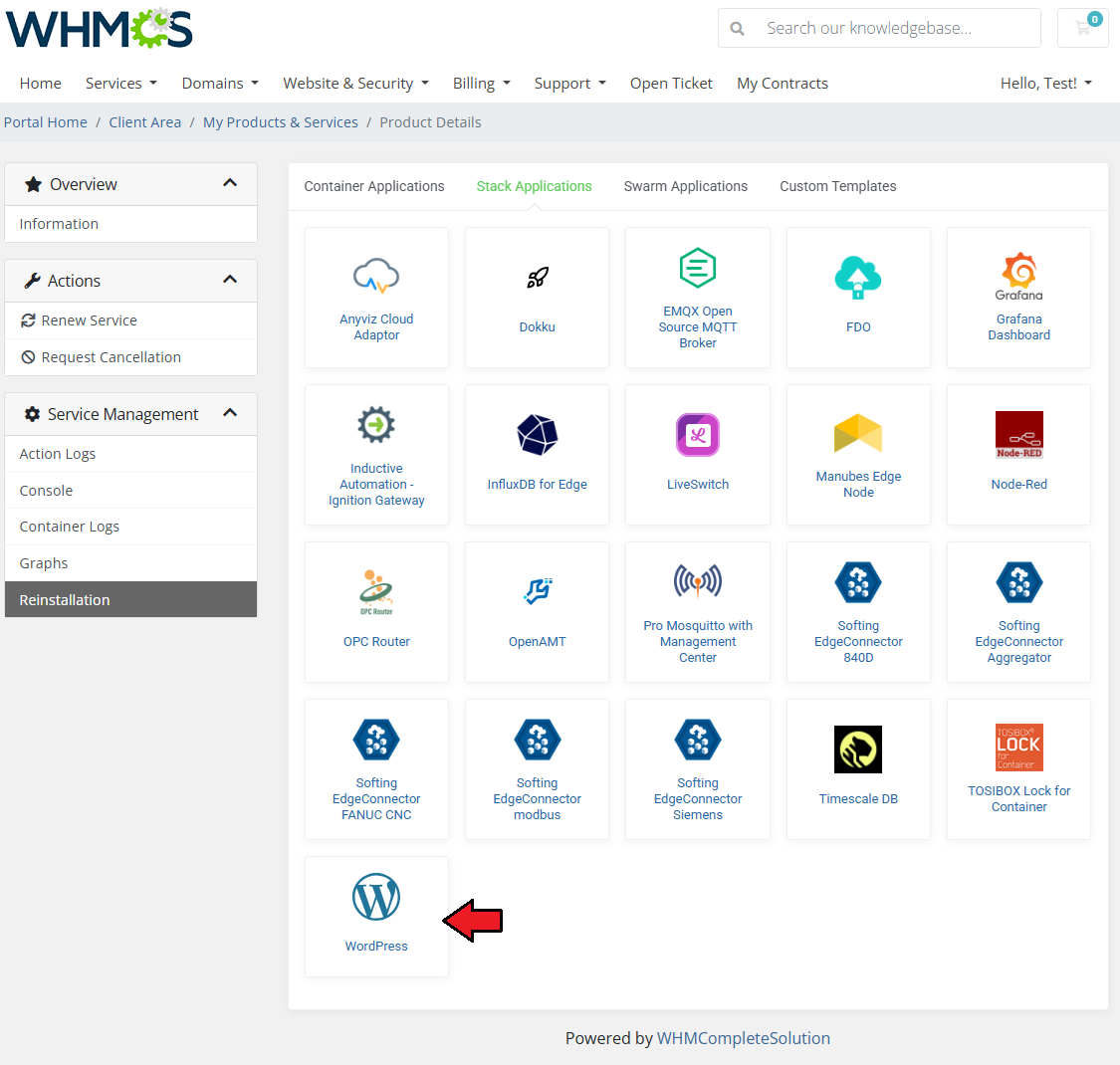 Portainer Docker Containers For WHMCS: WHMCS client area Reinstallation page with Stack Applications and WordPress