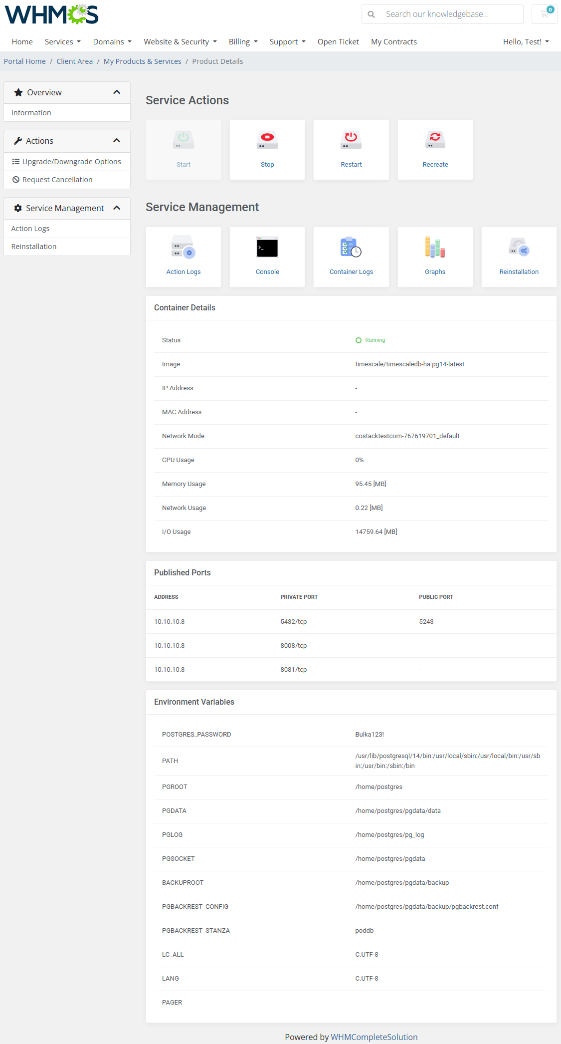 Portainer Docker Containers For WHMCS: WHMCS client area stack container with action buttons, details and ports