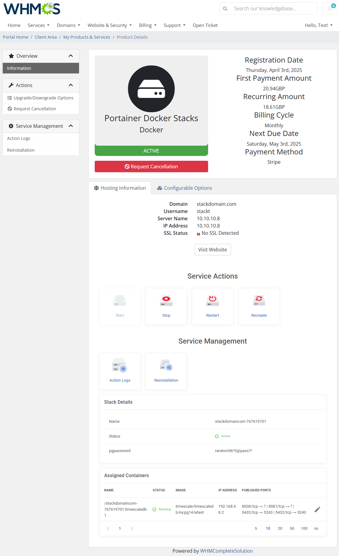 Portainer Docker Containers For WHMCS: WHMCS client area stack product page with actions, stack details and containers