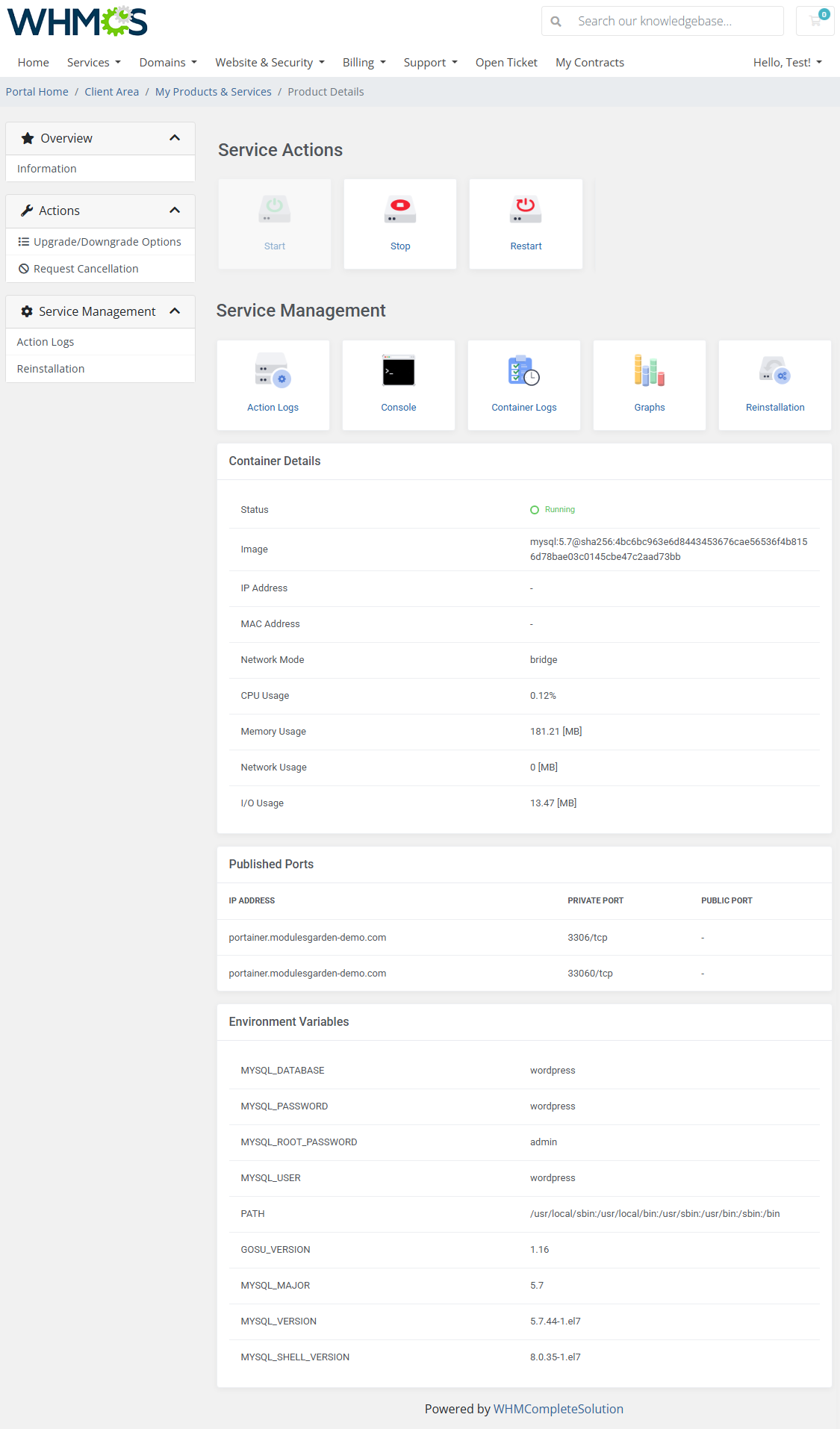 Portainer Docker Containers For WHMCS: WHMCS client area swarm container with service actions, details and variables