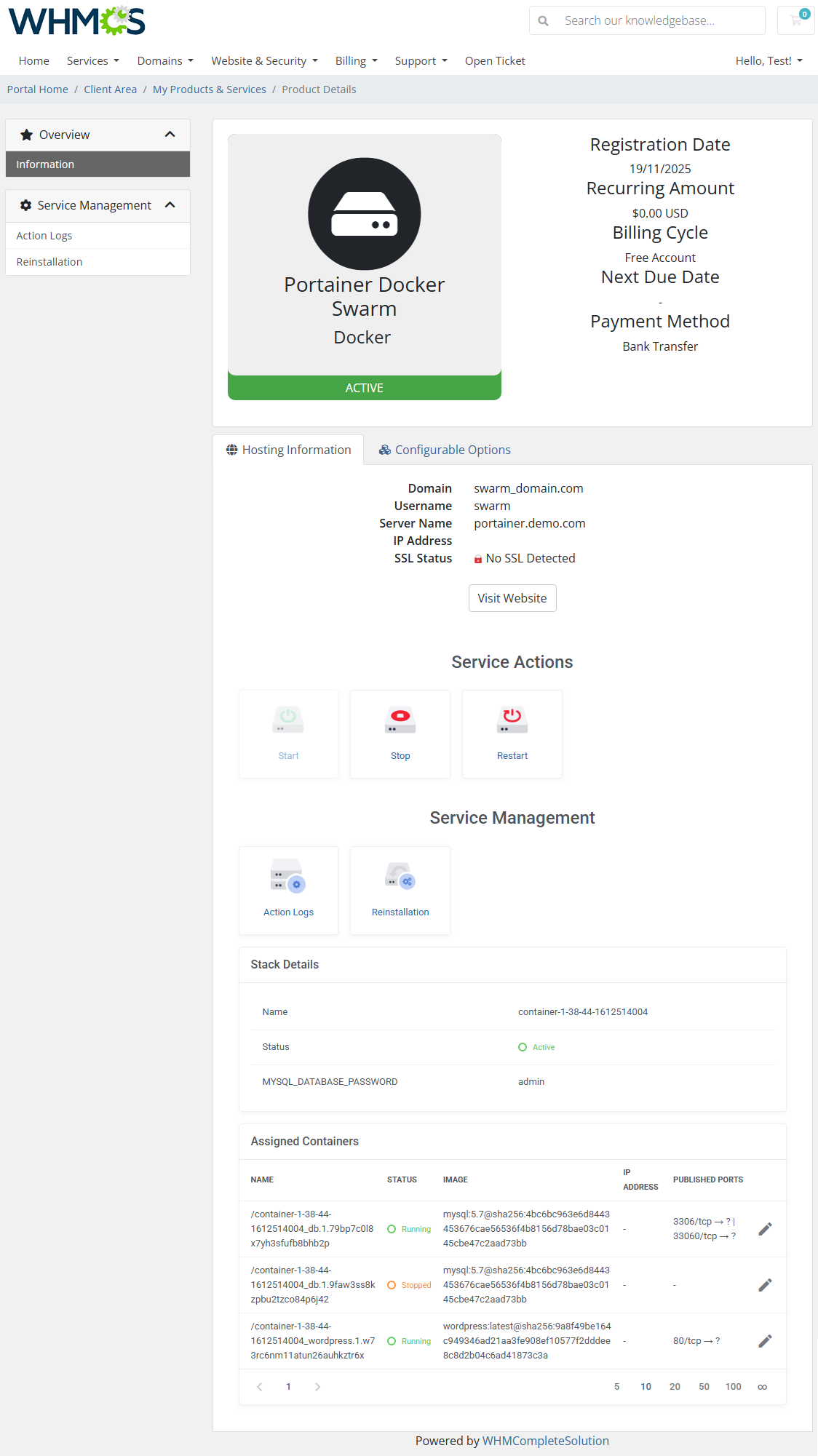 Portainer Docker Containers For WHMCS: WHMCS client area swarm product page with Start, Stop, Restart and assigned