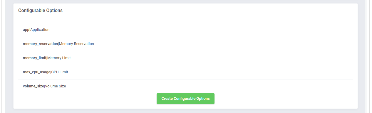 Portainer Docker Containers For WHMCS: product Module Settings with the Configurable Options list and Create button
