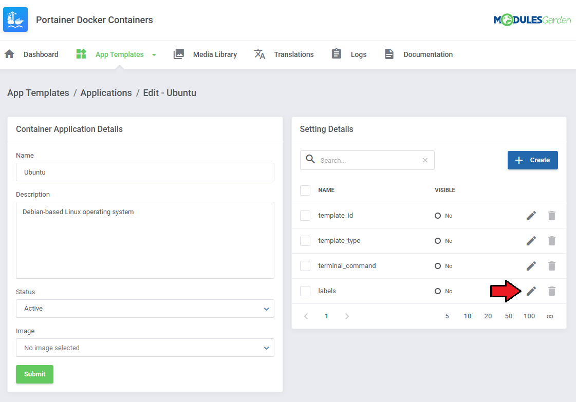Portainer Docker Containers For WHMCS: Ubuntu container application edit page with an arrow on the labels setting