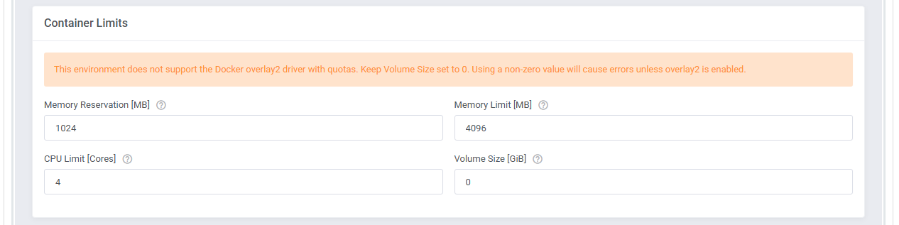 Portainer Docker Containers For WHMCS: product Module Settings with the Container Limits memory, CPU and volume fields