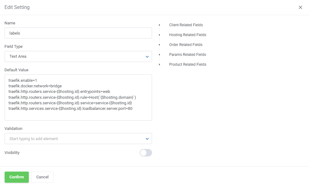 Portainer Docker Containers For WHMCS: labels setting editor with Traefik router and service labels for a container
