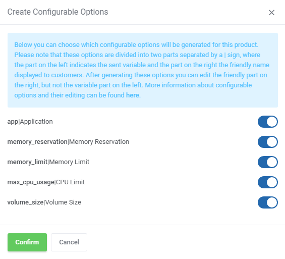 Portainer Docker Containers For WHMCS: Create Configurable Options dialog with app, memory, CPU and volume options