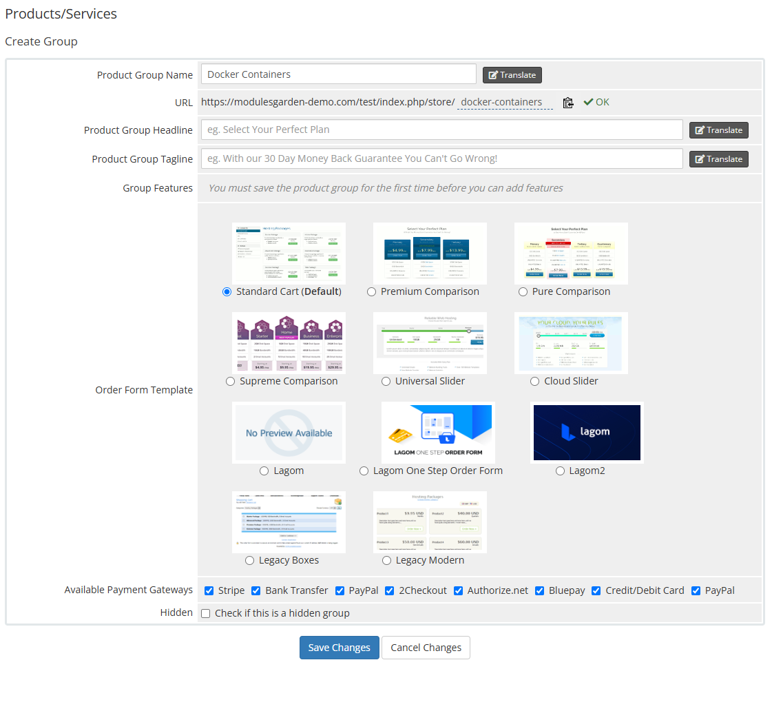 Portainer Docker Containers For WHMCS: WHMCS Create Group form with the product group name and Save Changes button