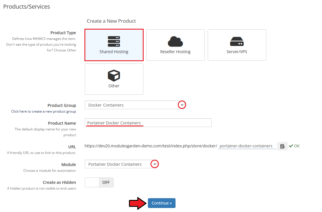 Portainer Docker Containers For WHMCS: WHMCS Create a New Product form with product type, group, name and module