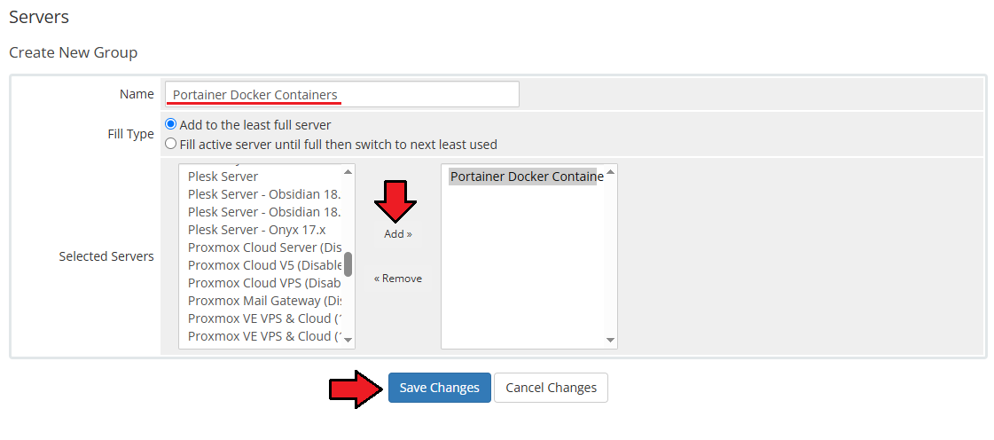 Portainer Docker Containers For WHMCS: Create New Group form with the group name, selected server and Save Changes