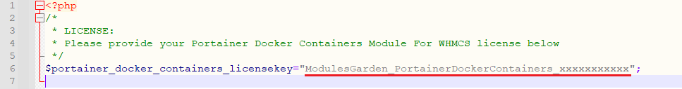 Portainer Docker Containers For WHMCS: license.php file opened in an editor with the license key line to fill in