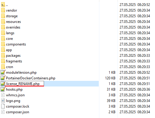Portainer Docker Containers For WHMCS: module folder listing with the license_RENAME.php file marked for renaming