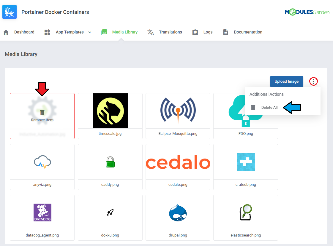 Portainer Docker Containers For WHMCS: Media Library with a Remove Item overlay on an image and the Delete All action