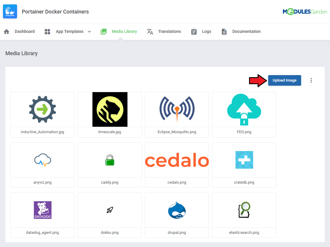 Portainer Docker Containers For WHMCS: Media Library in the addon module with default icons and the Upload Image button
