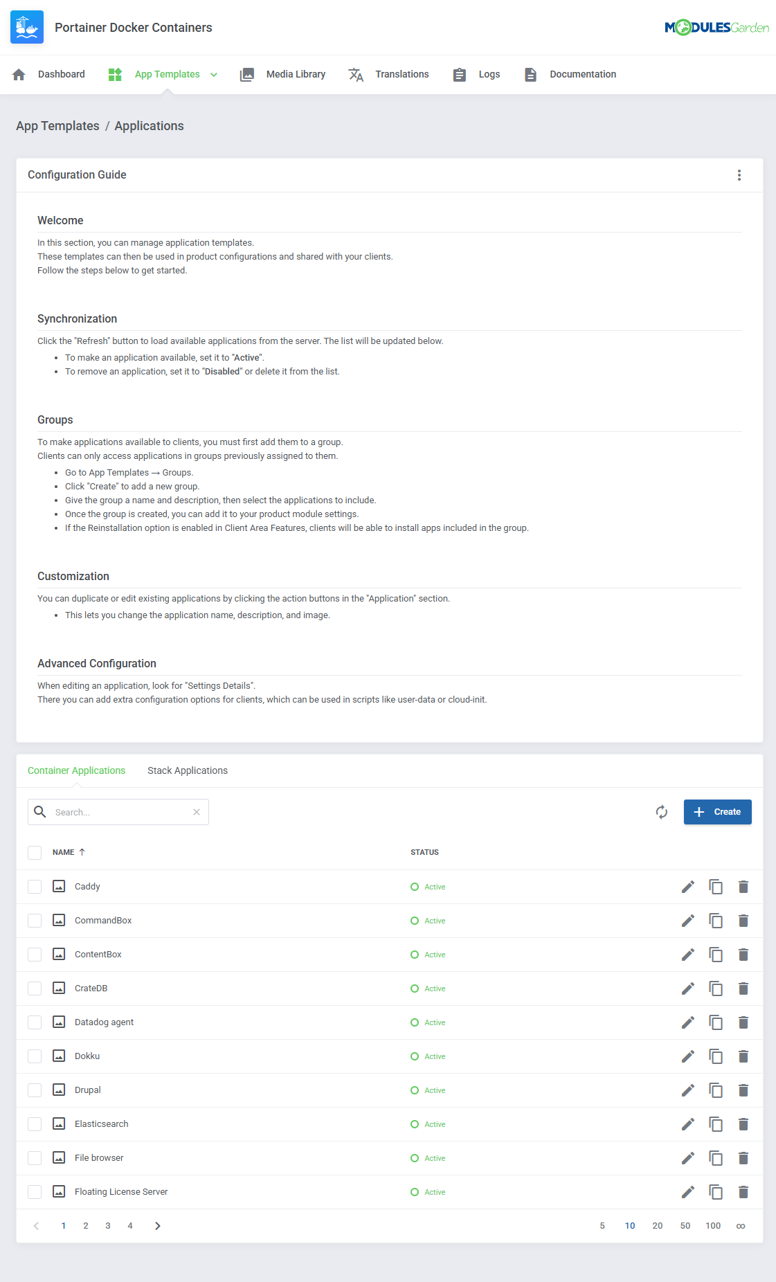 Portainer Docker Containers For WHMCS: module App Templates Applications page with the configuration guide and template