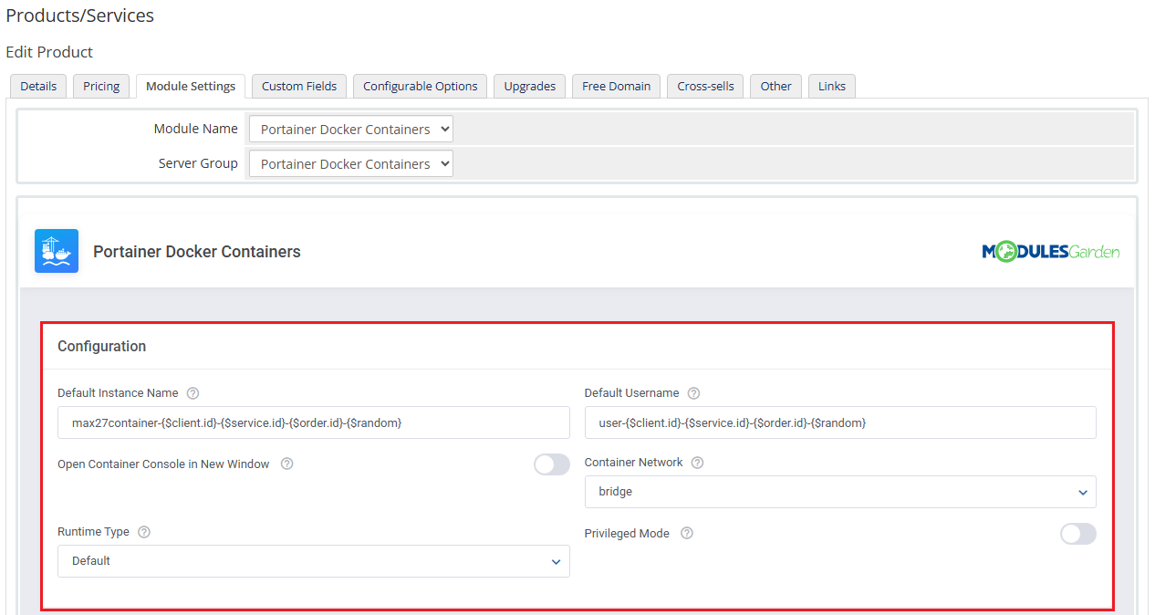 Portainer Docker Containers For WHMCS: product Module Settings with the Configuration section for instance name and