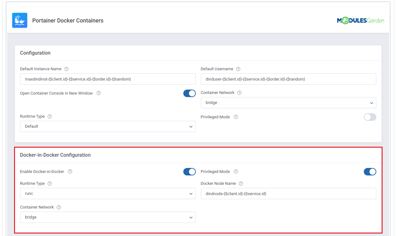Portainer Docker Containers For WHMCS: product Module Settings with the Docker-in-Docker Configuration section enabled
